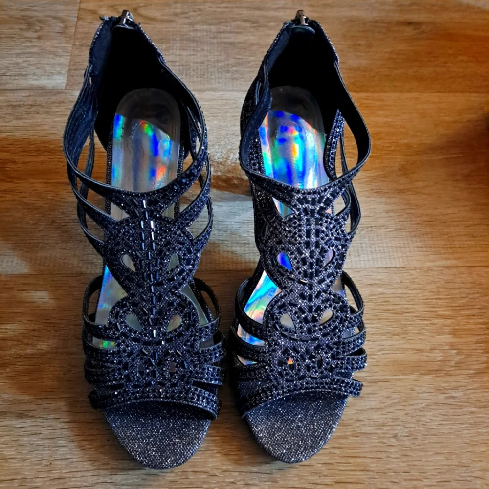 Bella Hanna Dressy Kinmi 25 Black Shimmering Rhinestone Shoe Zipper Women's 8.5